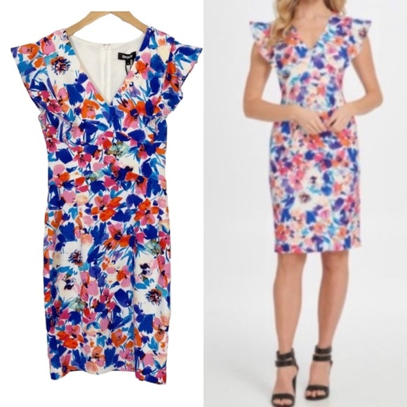 DKNY V-Neck Watercolor Floral Print Ruffle Cap Sleeve Sheath Dress NWT 2 - Picture 10 of 10